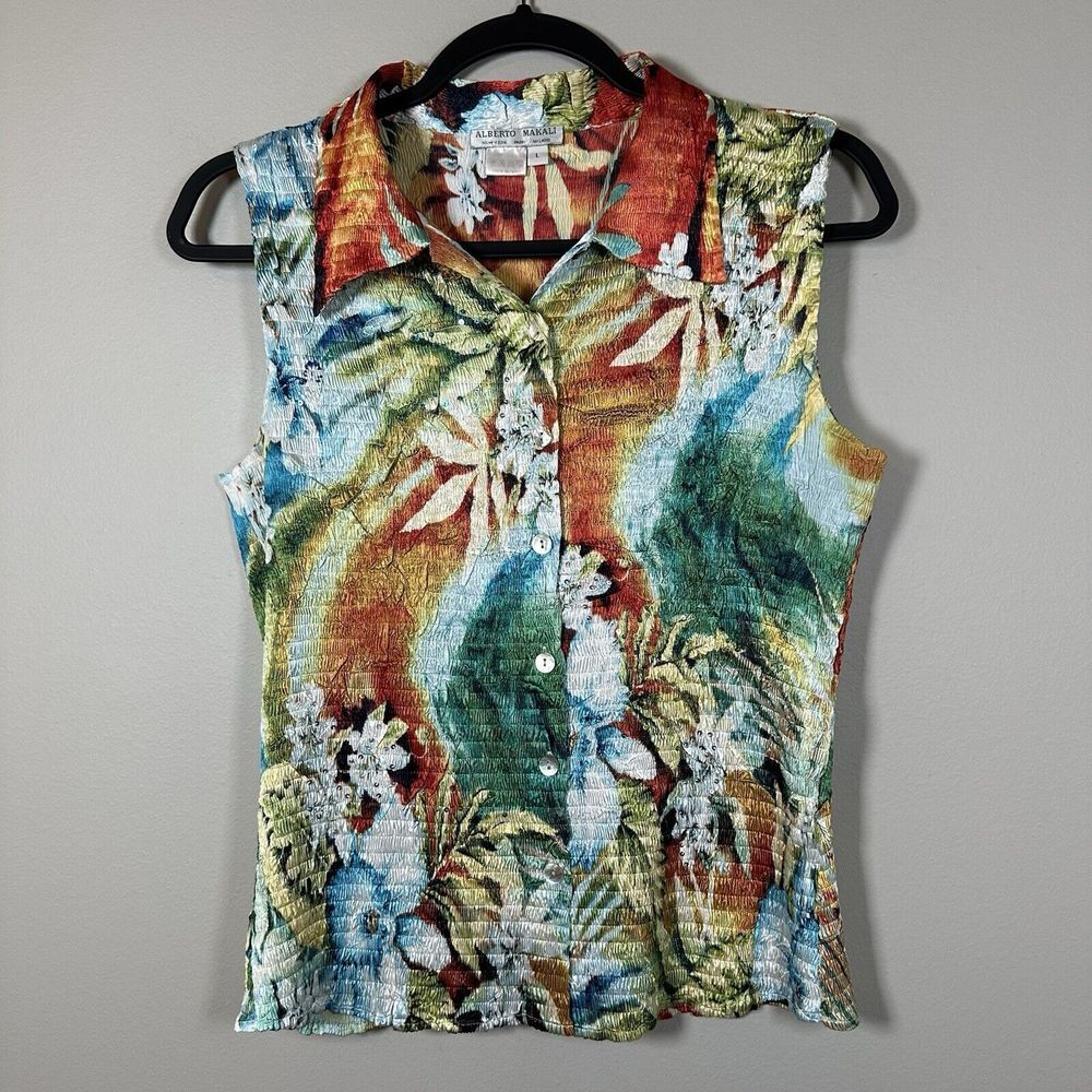 Alberto Makali Large Orange White Blue‎ Floral Embellished Sleeveless Button Up